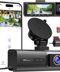3 Channel 5G WiFi Dash Cam Front Cabin And Rear 4K Plus 1080P Plus 1080P Video With HDR Night Vision G Sensor 24 Seven Parking Mode WDR Includes 64GB Card Supports Up To 128GB Micro SD Card Silver showing front, rear views and smartphone app interface.