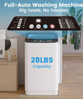 No Sweat Portable Washer And Dryer Combo Set, 28 Lb Full Automatic Washing Machine with capacity details displayed.