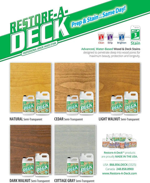 Dark Walnut Wood Stain For Decks And Fences Penetrating Semi Transparent Finish displayed on samples next to other colors.