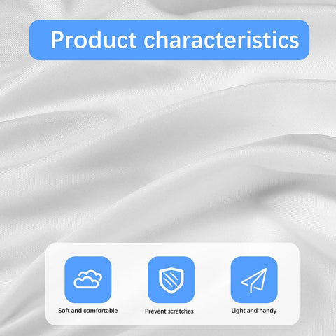 Product characteristics graphic for microfiber cleaning cloths on white fabric background with a blue banner