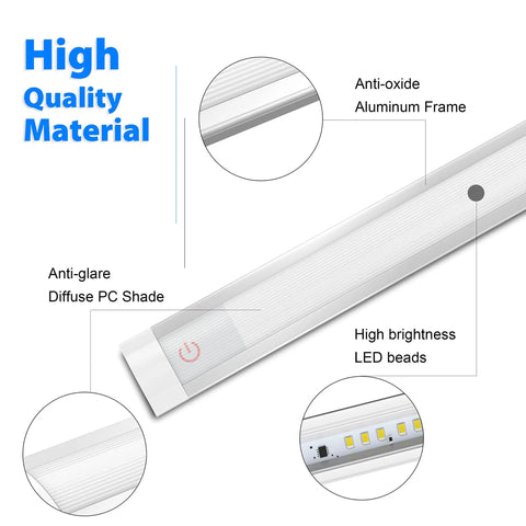 Under Cabinet LED Light Bar 12 Inch Touch Activated And Dimmable Aluminum Fixture For Kitchen Workbench And Desk Cold White 6000K Plug In Silver Finish No Fuss Easy Tap Control, highlighting material quality and components.