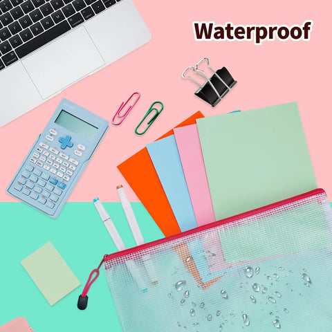 24 Piece Mesh Zipper Pouch Set For Organization In 8 Sizes And 8 Colors Waterproof Clear Travel Pouches With Zippers on desk