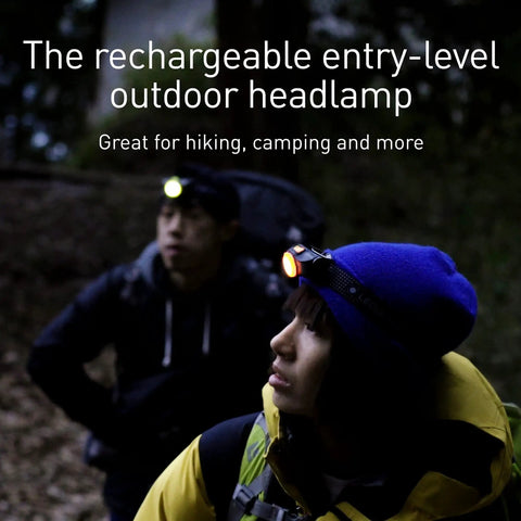 People hiking in the dark with rechargeable lightweight headlamp with 200 lumen output for outdoor adventures, advanced focus system.