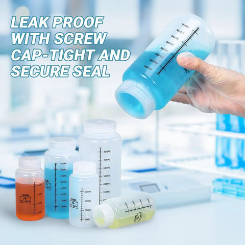Wide Mouth Plastic Bottles With Airtight Lids Set 8.8oz 260ml Leak Proof Transparent PP Containers For Lab Or Home Use, shown with screw cap and graduated markings