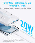 Ultra Thin 10 In 1 Outlet Extender Power Strip With Steady Surge Shield And A Low Profile Build That Presses Flat Against Walls And Powers All Your Gear No Hassle showing USB-C connection for fast charging.