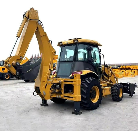 4WD Backhoe Loader With 2.4m Digging Depth, tractor loader digger showing cabin and rear attachments on jobsite