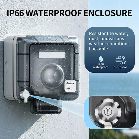 Heavy Duty One Gang Outdoor Electrical Outlet Box Featuring IP66 Weatherproof In Use Cover, lockable with water droplets.