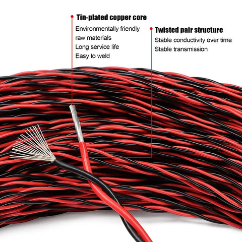 100 Ft Heavy Hitter Twisted Pair Wire Cable With Tinned Copper Cores And Fep Insulation 600V Rated showing twisted black and red wire.