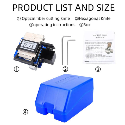 Precision Optical Fiber Cleaver FC-6S With Built-In Shred Collector For 250um To 900um Coating, includes accessories and instructions.