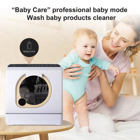 No Sweat Plug And Play Countertop Dishwasher With Heated Dry Mode And Dual Spray Arms Self Contained 5 Liter Tank features Baby Care mode.