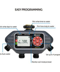 Four Zone Programmable Digital Water Timer With Easy Setup And Large LCD showing scheduling options and controls