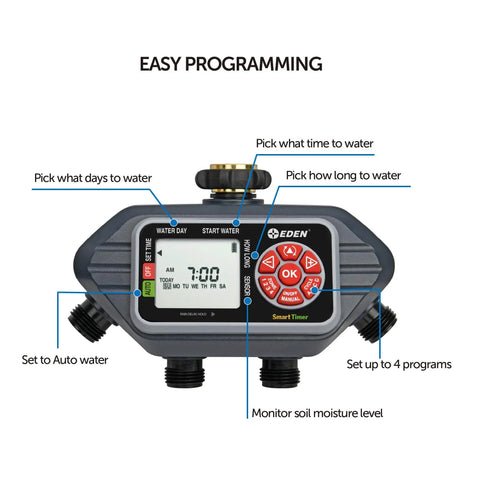 Four Zone Programmable Digital Water Timer With Easy Setup And Large LCD showing scheduling options and controls
