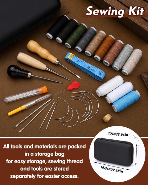 Heavy Duty All In One Sewing Kit for Cars, Carpets, Shoes. Includes tools and case; 25 needles, 12 thread spools, and 3 awls visible.