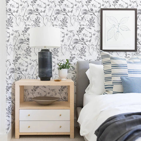 Bedroom wall with Gray Peel And Stick Floral Wallpaper Self Adhesive Vinyl With Waterproof And Removable Backing For Easy Install On Walls