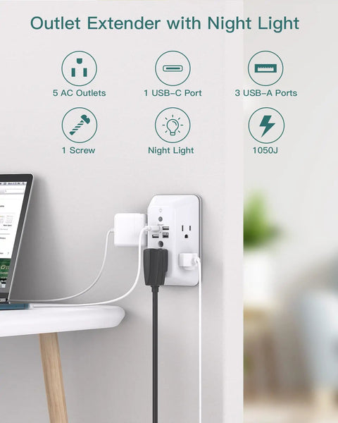 9 In 1 USB Wall Outlet With Night Light 5 Wide Space Outlets And 4 USB Ports Including USB C Space Saving Plug Extender in use