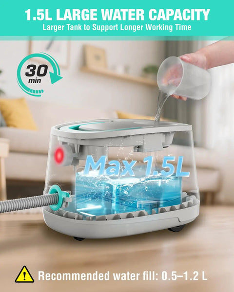 Heavy Duty 1500W Steam Cleaner With 4 Bar Pressure And 1.5L Tank Plus 16 Accessories showing 1.5L water tank in use.