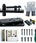 Hidden pivot door hinge kit for bookshelf, black alloy steel, includes seven screws, screwdriver, latch plate, gloves.