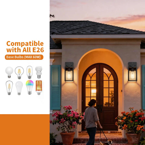 Dusk To Dawn Outdoor Wall Light With Automatic Sensor Solid Black Metal Coach Lantern Waterproof Porch Fixture illuminating a front porch.