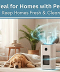 Air purifier beside sleeping dog with text 'Ideal for Homes with Pets' above, highlighting fresh and clean air benefits.