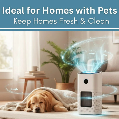 Air purifier beside sleeping dog with text 'Ideal for Homes with Pets' above, highlighting fresh and clean air benefits.