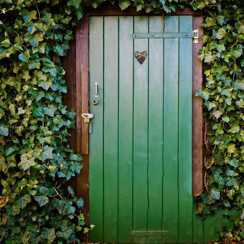 Green wooden door with ivy, showcasing robust installation ideal for Heavy Duty Black Iron Strap Door Hinges 4 Pack With Eight Pre Positioned Screw Holes Built To Last And Tough As Nails And Easy Install For Shed Doors Gates Outdoor Use Rugged Dismantle Design Perfect For Hotels And Clubs.