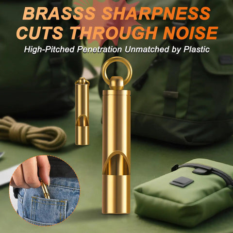 Brass Emergency Whistle 2 Pack With Tangle Free Lanyard Pealess Storm Resistant 120dB Lifesaver Survival Whistle against backpack