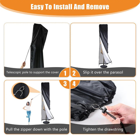 Steps showing installation of Heavy Duty Waterproof Patio Umbrella Cover For 13 To 15 Ft Double Sided Market Umbrellas 70 Inch Tall