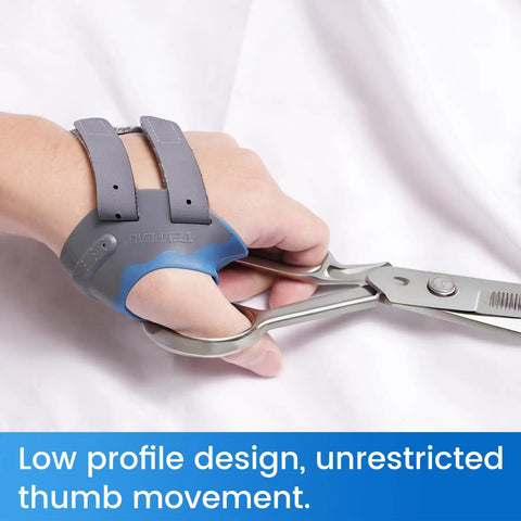 CMC Thumb Brace For Osteoarthritis With Shape Memory Restriction Splint, Right Hand, Medium, Blue, Using Scissors