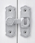 Kickass 90 And 180 Degree Barn Door Latch Built From Solid Silver Aluminum Alloy, installed on wooden doors for secure fastening.