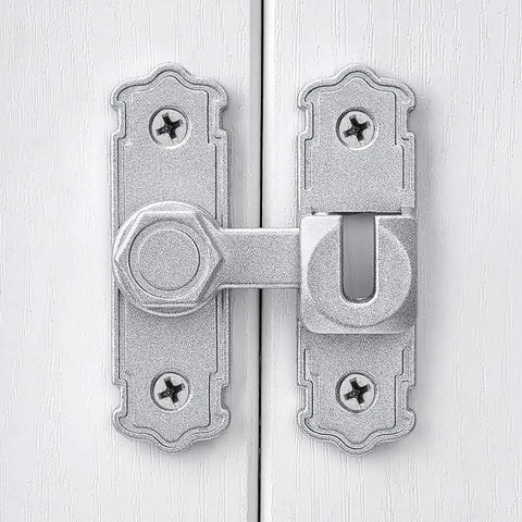 Kickass 90 And 180 Degree Barn Door Latch Built From Solid Silver Aluminum Alloy, installed on wooden doors for secure fastening.