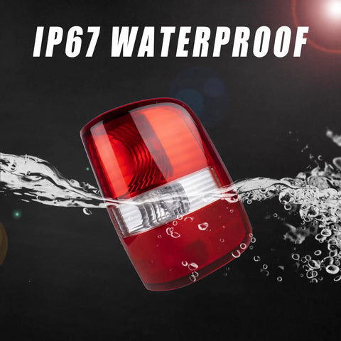 Left Driver Side Tail Light For Ford F150 2004 2005 2006 2007 2008 Replacement Rear Lamp Brake Light With Easy Plug And Play Install And Durable ABS Housing showing IP67 waterproof feature