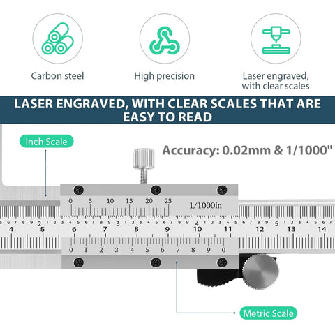 Inside Groove Vernier Caliper With Upper Jaw And 3 Inch Lower Jaw For Inside Diameter Measurement, 6 Inch To 150mm Range, 0.01mm Resolution, Imperial And Metric, Carbon Steel, Handy For Jewelry DIY Woodworking. Display of laser-engraved scales in metric and inch readings.