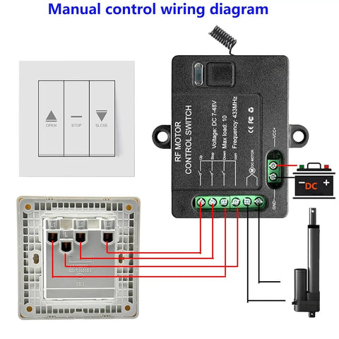 Manual control wiring diagram for Forward Reverse Remote Control Switch For DC Motors 7V To 48V 10A With 328 Ft Remote Range 433MHz Receiver