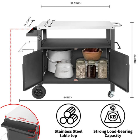 Grill Cart With Big Storage Cabinet And Stainless Steel Surface Movable Outdoor Dining Station For Pizza Ovens And Grills