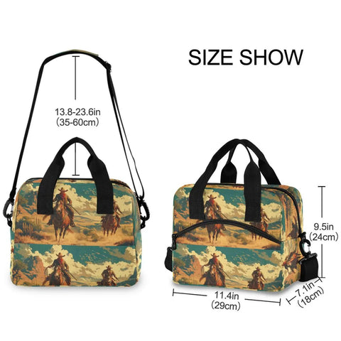 Desert Cowboy Insulated Lunch Cooler Bag 10L Leakproof Portable Lunch Box with detailed size dimensions and desert cowboy print