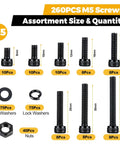260 Piece M5 Screw Kit With Bolts Nuts Washers And Hardware Set, 12.9 Alloy Steel Plated Hex Socket Head Screws M5 Lengths Display