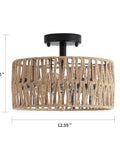 Three Light Rustic Woven Flush Mount Ceiling Fixture With Industrial Metal Finish, 12.59x9.05 inch, for farmhouse decor