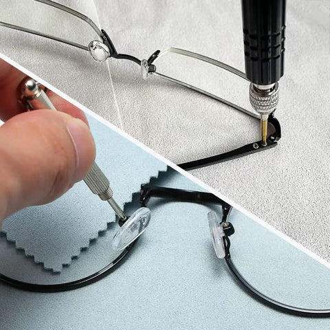 5 In 1 Eyeglass Repair Kit Screwdriver Set With S2 Steel Bits used to fix glasses, close-up of tool in use on eyeglass frames.