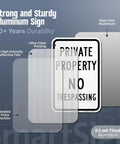 Premium Private Property No Trespassing Sign 12 X 18 Inches Reflective Aluminum Yard Board shown with 63 mil thickness and laminated protection.