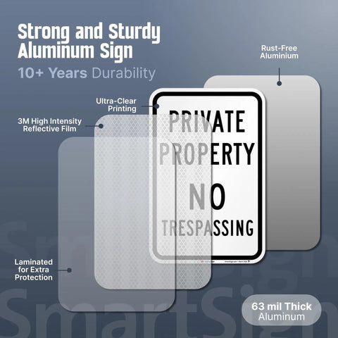 Premium Private Property No Trespassing Sign 12 X 18 Inches Reflective Aluminum Yard Board shown with 63 mil thickness and laminated protection.