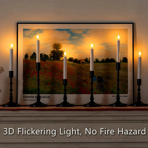 Flameless Flickering LED Taper Candles 7 Inch Ivory Plastic Roman Column on mantel with painting background