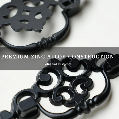 Close-up of 8 Pack Matte Black Drop Bail Drawer Pulls Two And A Half Inch Center Vintage Cabinet Handles premium zinc alloy design
