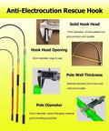 Pro Grade Fiberglass High Voltage Insulated Rescue Hook Telescopic Pole showing 42cm hook opening and 32mm diameter, for electric maintenance.