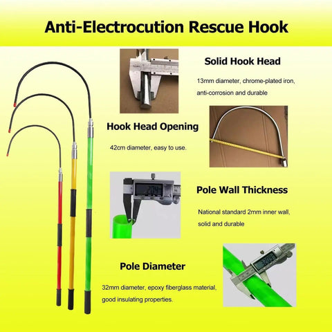 Pro Grade Fiberglass High Voltage Insulated Rescue Hook Telescopic Pole showing 42cm hook opening and 32mm diameter, for electric maintenance.