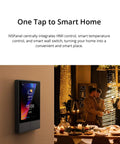 Two Channel WiFi Smart Wall Switch Panel with Touchscreen displayed on a wall in a festive living room setting