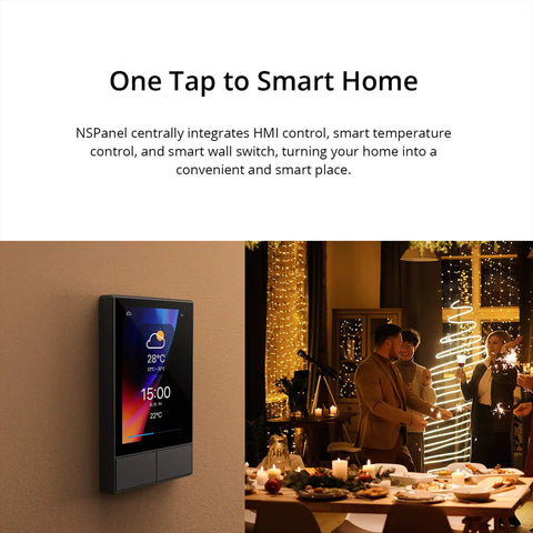 Two Channel WiFi Smart Wall Switch Panel with Touchscreen displayed on a wall in a festive living room setting