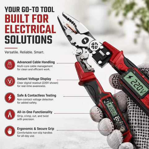 4-In-1 Wire Stripping And Testing Pliers With LED Digital Voltage Tester, 12-250V Multi-Function Electrical Tool For Stripping, Cutting, Crimping, And Wire Testing, Pro-Grade Hand Tool For Electricians And DIYers, Red, shown with 220V display