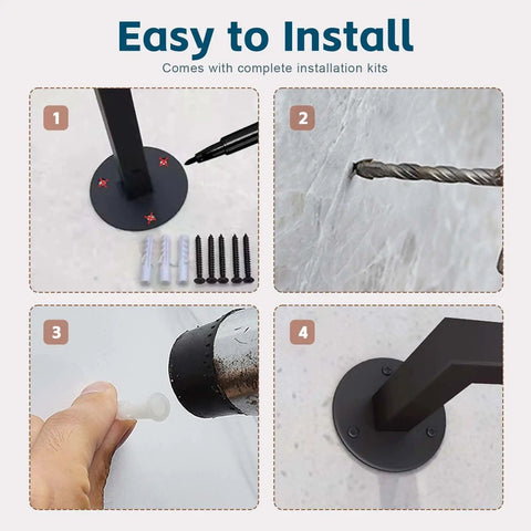 Installation steps for Heavy Duty Wrought Iron Stair Railing Kit With Wall Brackets And Screws For Indoor Outdoor Step Support.