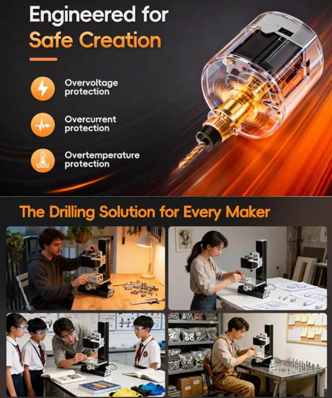 Heavy Duty All Metal Mini Bench Drill Press 36W For Wood And Metal PCB in use by makers with safety features highlighted.