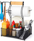 Grill Caddy With Paper Towel Holder And Seven Compartment Organizer For Outdoor BBQs, full of condiments, utensils, plates, mesh design